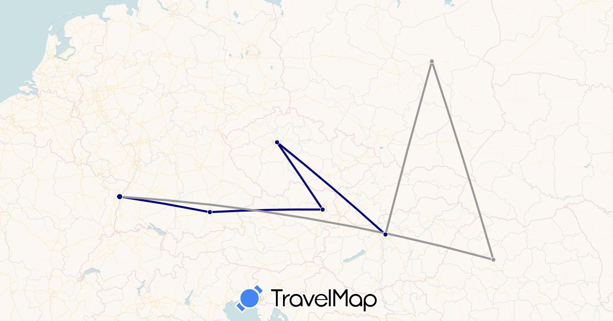TravelMap itinerary: driving, plane in Austria, Czech Republic, Germany, France, Hungary, Poland, Romania (Europe)